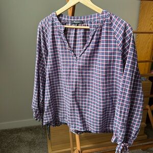 Madewell Red White & Blue Plaid V-Neck Long Sleeve Blouse